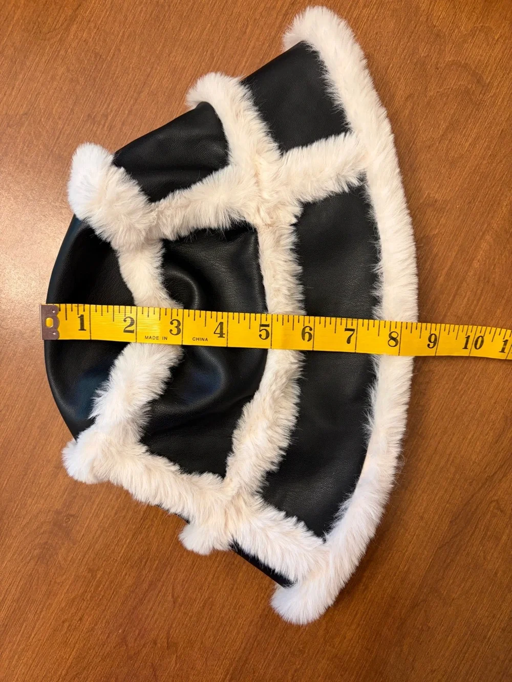 H&M Black Faux Leather Bucket Hat with White Faux Fur Fluffy Trim